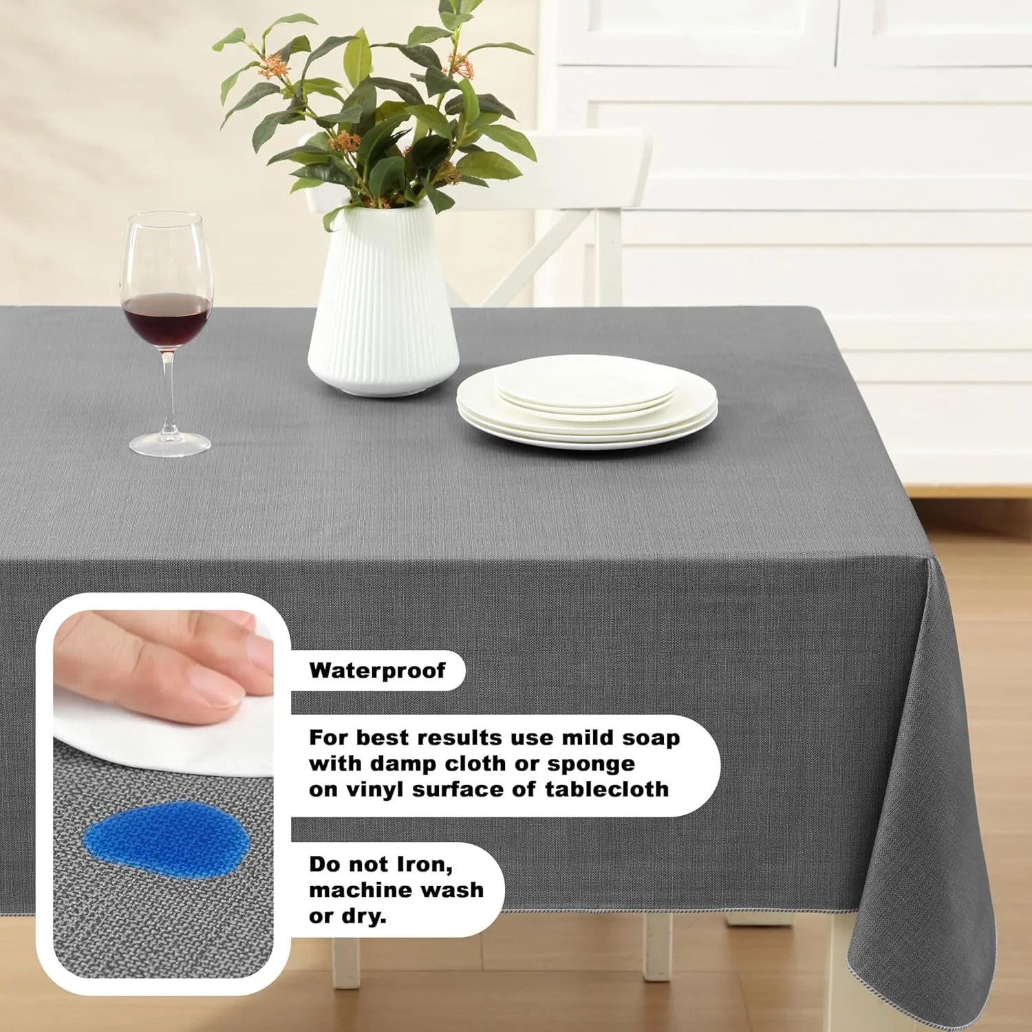 Cafe Hotel Linen Look Solid Color Heavy 4 Gauge Vinyl Flannel Backed Tablecloth, Indoor/Outdoor Wipe Clean Tablecloth, 60 Inch x 120 Inch Oblong/Rectangle, Grey