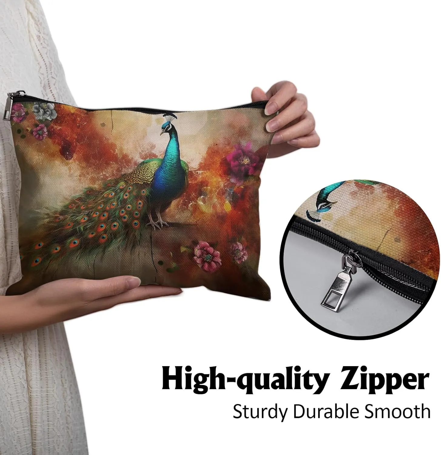 Cafl Peacock Makeup Bag Travel Large Artistic Phoenix Cosmetic Bag Organizer toiletry Essentials Jewelry Zipper Bag Gift For Women -10×8 inch