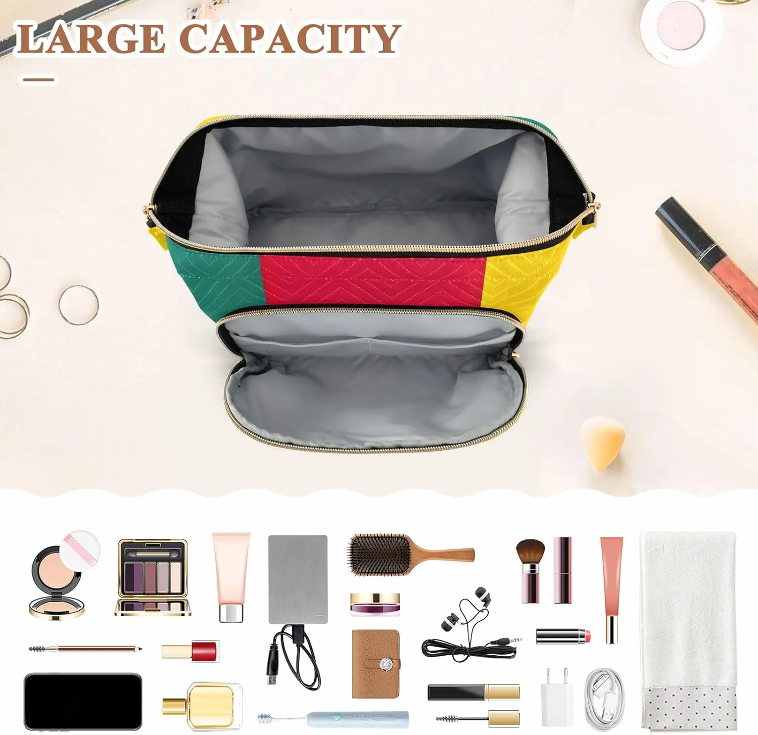 Cameroon National Flag Quilted Cosmetic Bag with 9-Piece Accessory Set, Large Women Makeup Bas Purse for Toiletries Accessories Brushes