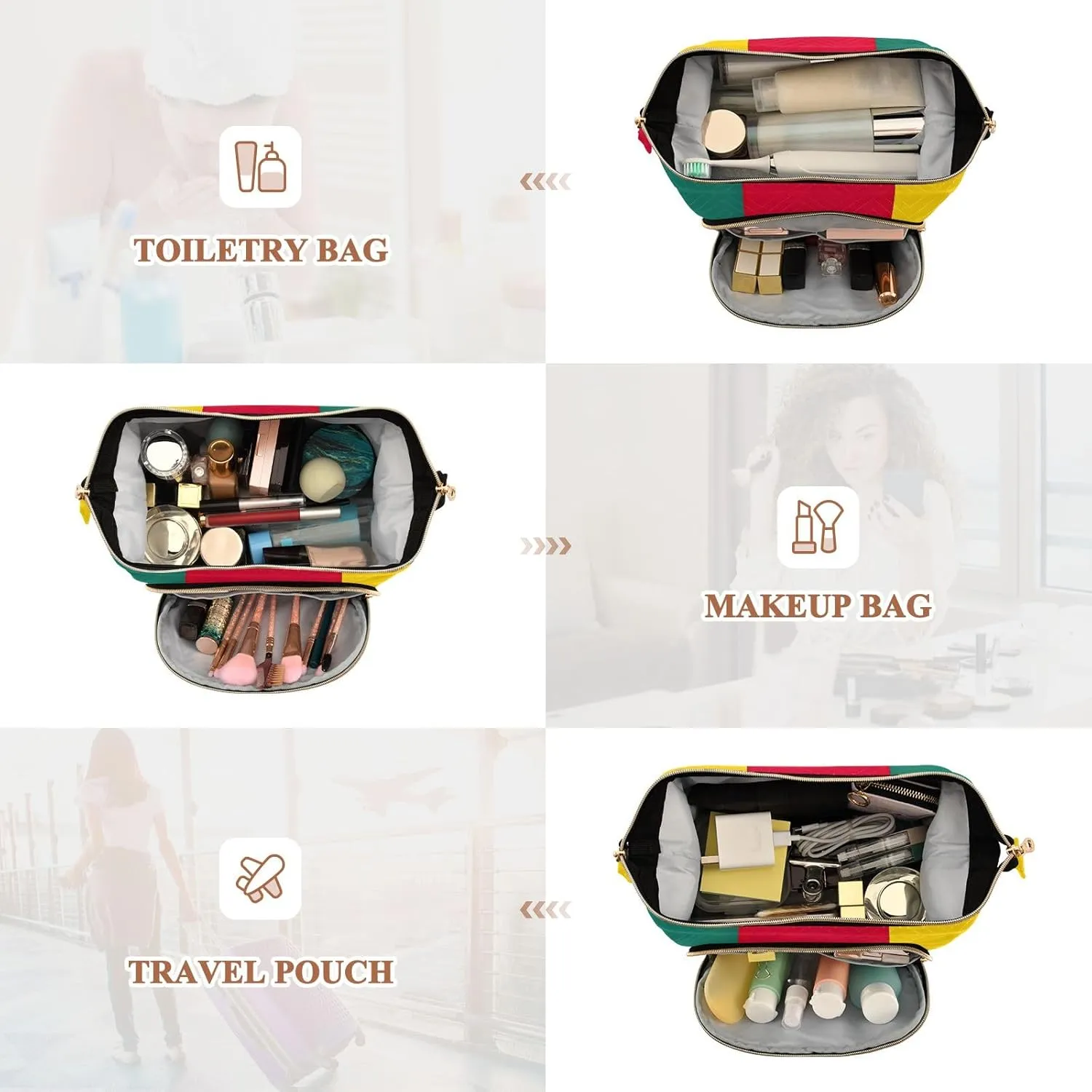 Cameroon National Flag Quilted Cosmetic Bag with 9-Piece Accessory Set, Large Women Makeup Bas Purse for Toiletries Accessories Brushes