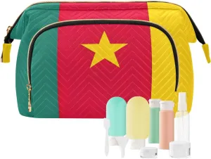 Cameroon National Flag Quilted Cosmetic Bag with 9-Piece Accessory Set, Large Women Makeup Bas Purse for Toiletries Accessories Brushes