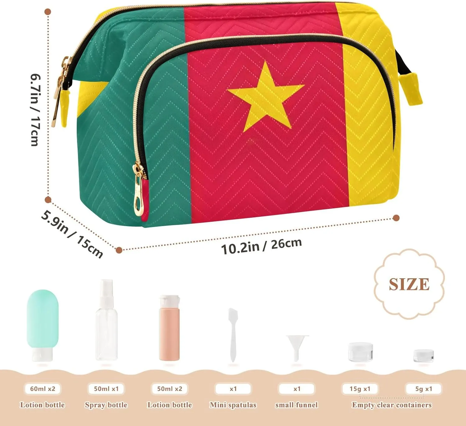 Cameroon National Flag Quilted Cosmetic Bag with 9-Piece Accessory Set, Large Women Makeup Bas Purse for Toiletries Accessories Brushes