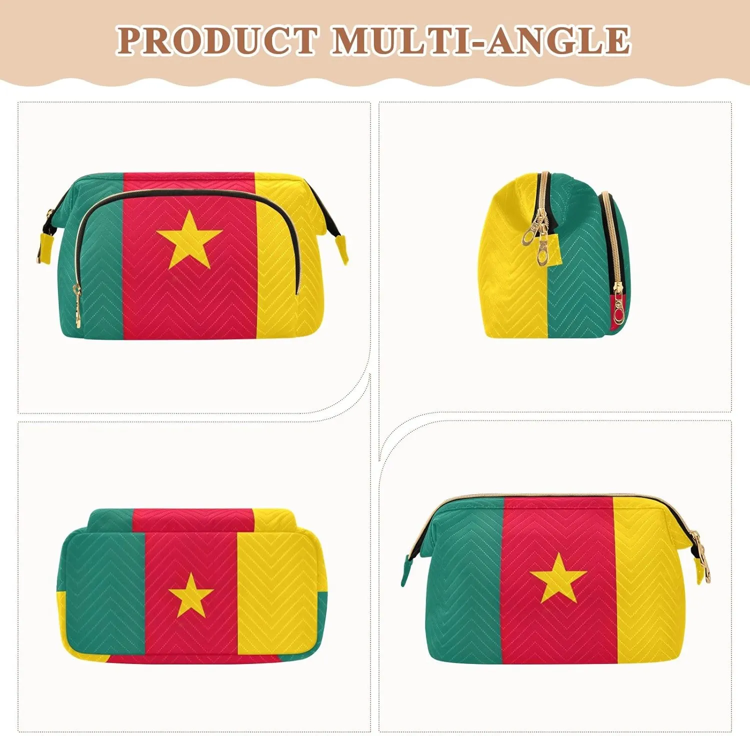 Cameroon National Flag Quilted Cosmetic Bag with 9-Piece Accessory Set, Large Women Makeup Bas Purse for Toiletries Accessories Brushes