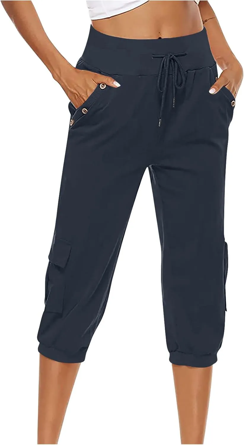 Capri Pants for Women High Waisted Cotton Linen Solid Color Trousers Elastic Sports Loose Flowy Pants with Pockets