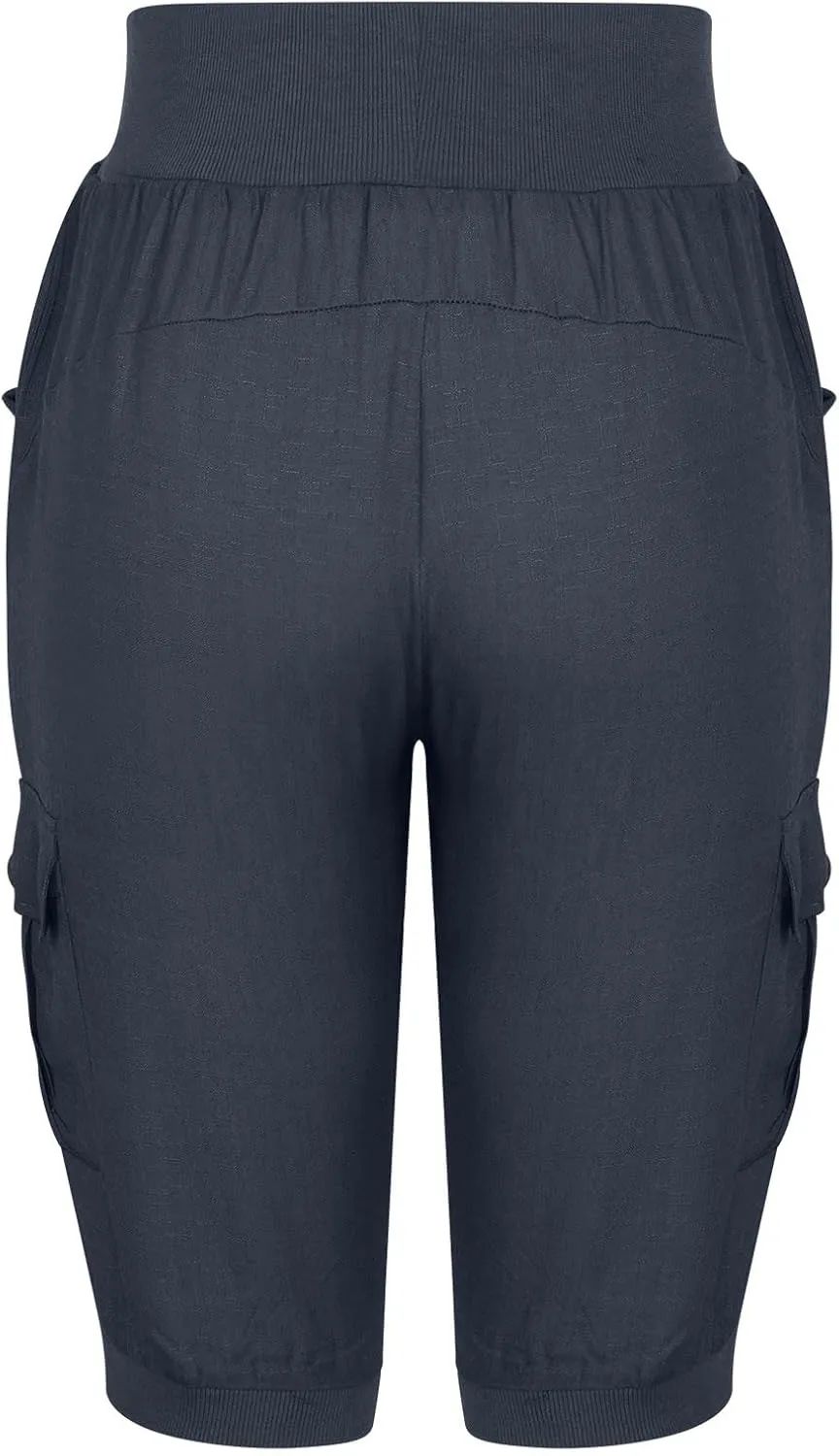 Capri Pants for Women High Waisted Cotton Linen Solid Color Trousers Elastic Sports Loose Flowy Pants with Pockets