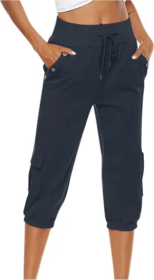 Capri Pants for Women High Waisted Cotton Linen Solid Color Trousers Elastic Sports Loose Flowy Pants with Pockets