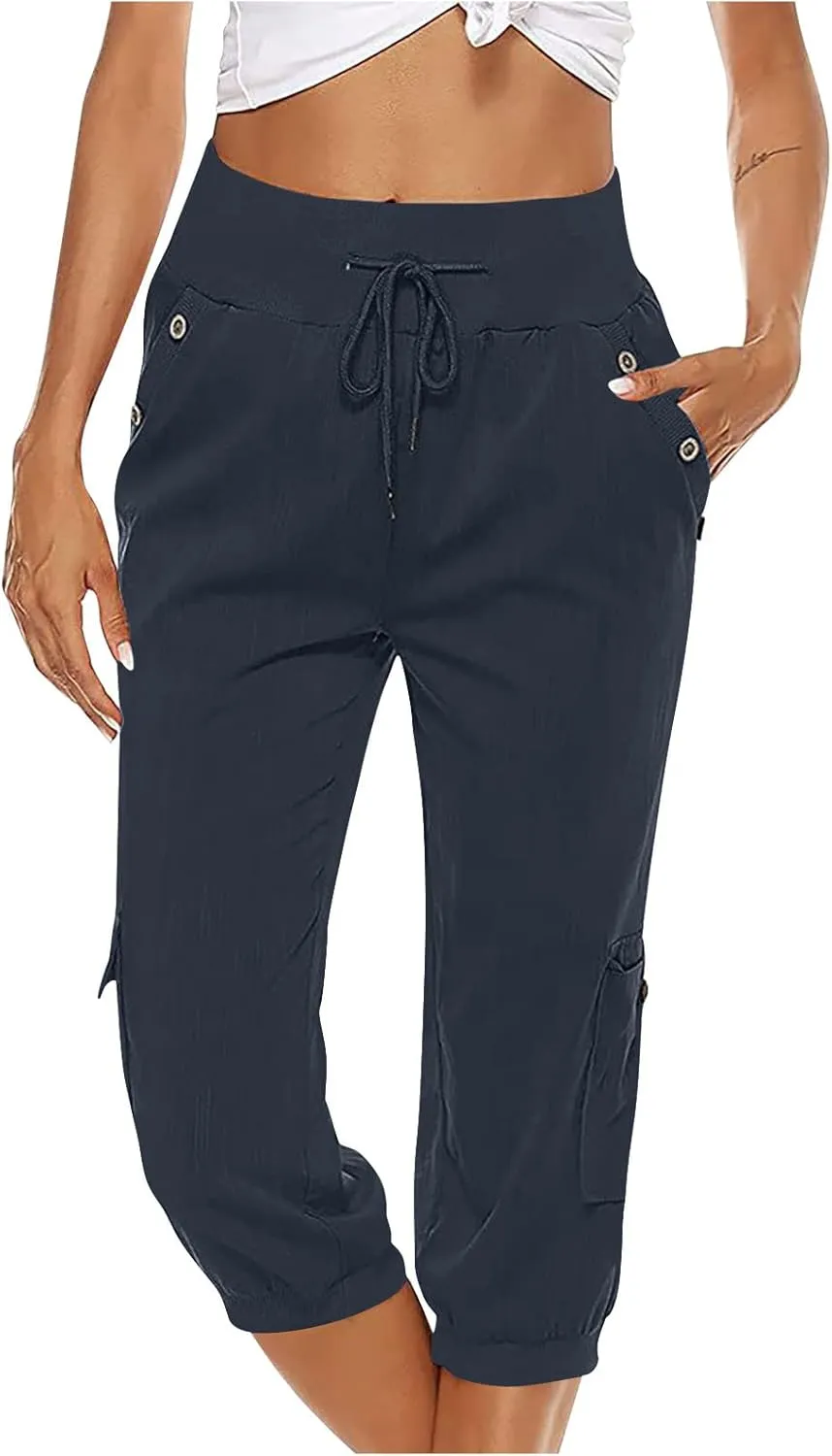 Capri Pants for Women High Waisted Cotton Linen Solid Color Trousers Elastic Sports Loose Flowy Pants with Pockets