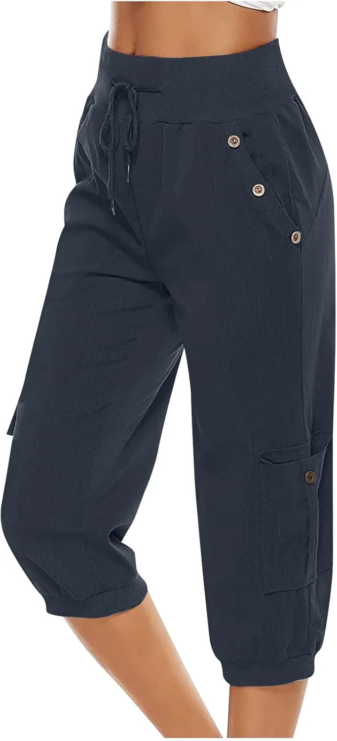 Capri Pants for Women High Waisted Cotton Linen Solid Color Trousers Elastic Sports Loose Flowy Pants with Pockets