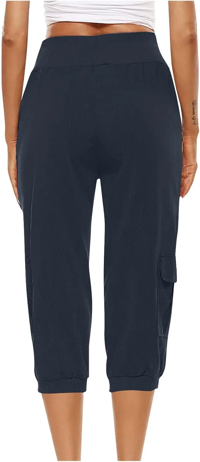 Capri Pants for Women High Waisted Cotton Linen Solid Color Trousers Elastic Sports Loose Flowy Pants with Pockets