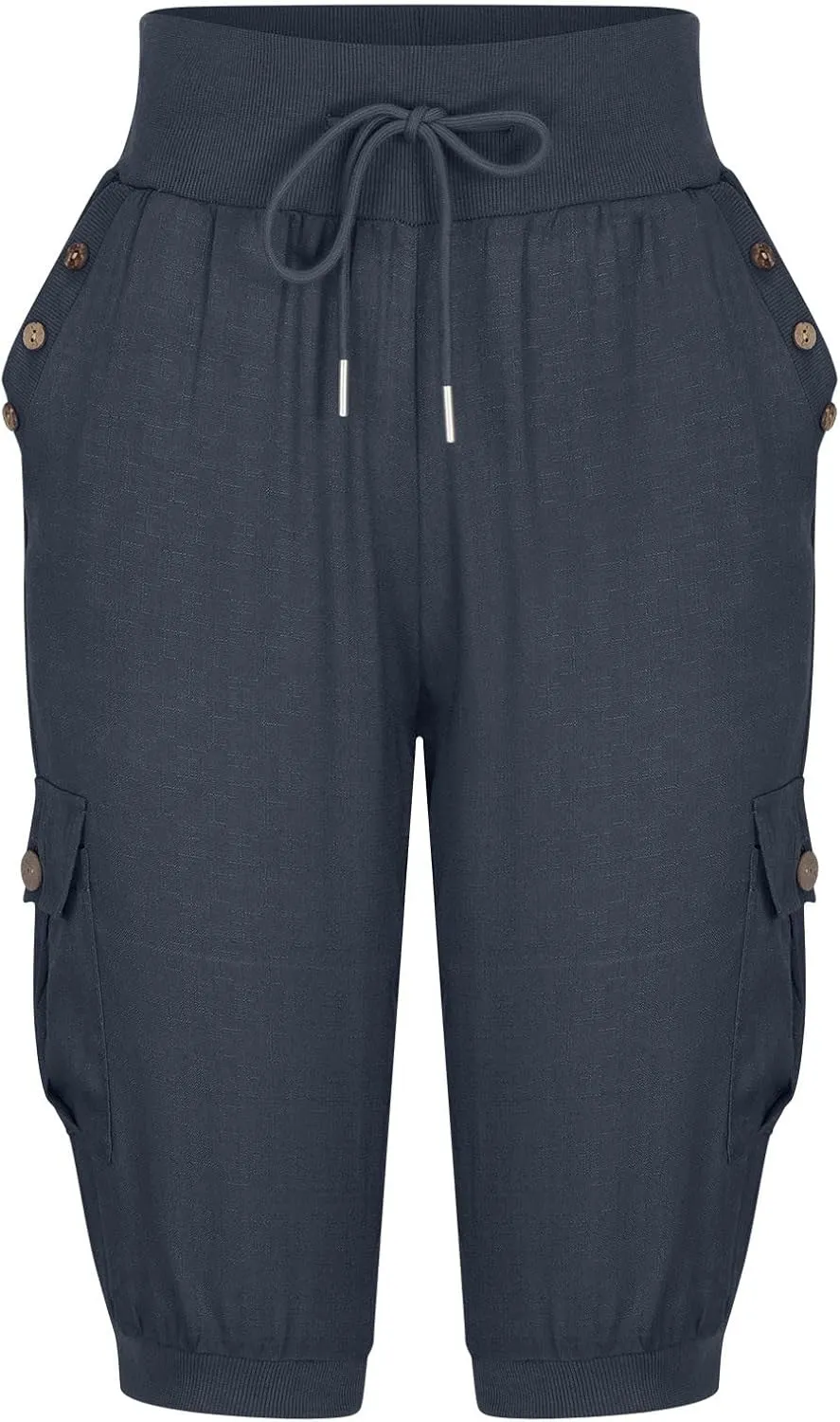 Capri Pants for Women High Waisted Cotton Linen Solid Color Trousers Elastic Sports Loose Flowy Pants with Pockets