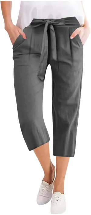 Capri Pants for Women Stretch Cotton Linen Bow Tie Solid Color Sweatpants Casual Fashion 2025 Capris with Pockets