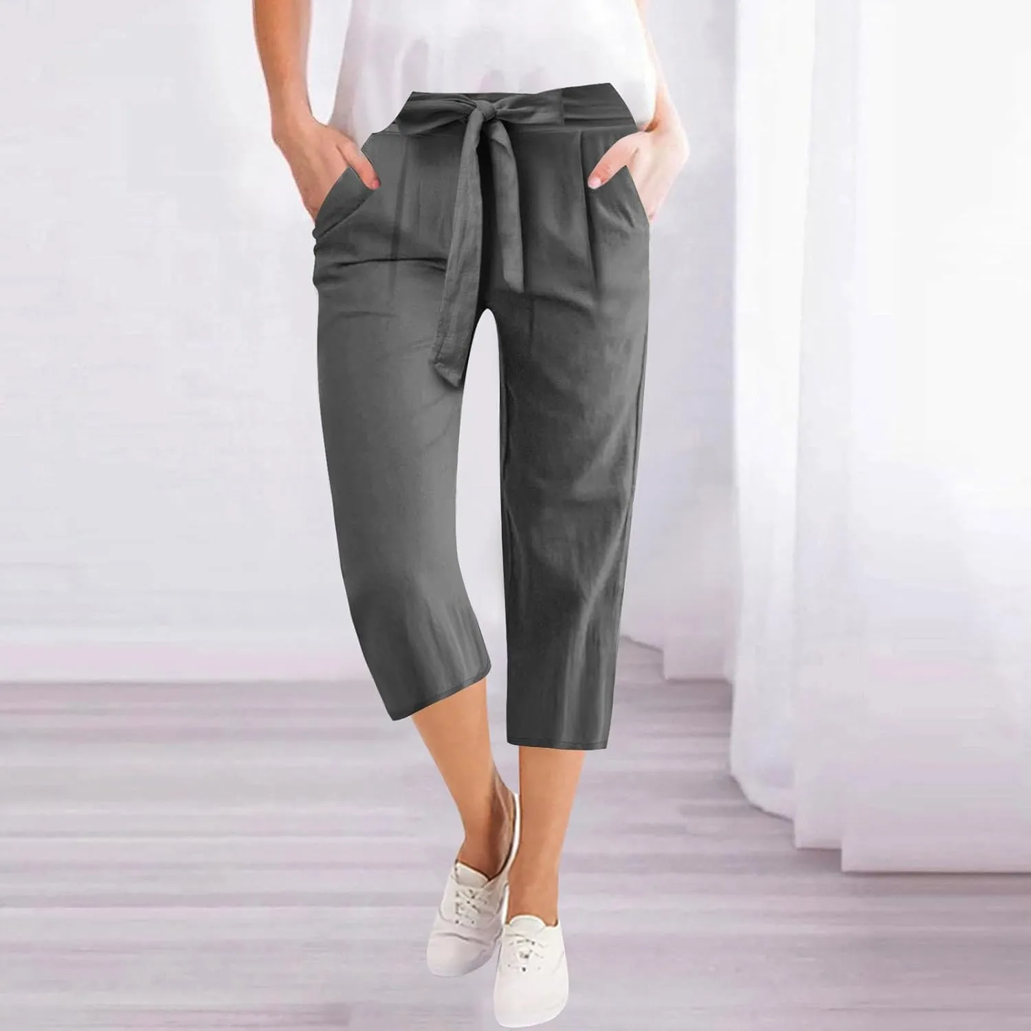 Capri Pants for Women Stretch Cotton Linen Bow Tie Solid Color Sweatpants Casual Fashion 2025 Capris with Pockets
