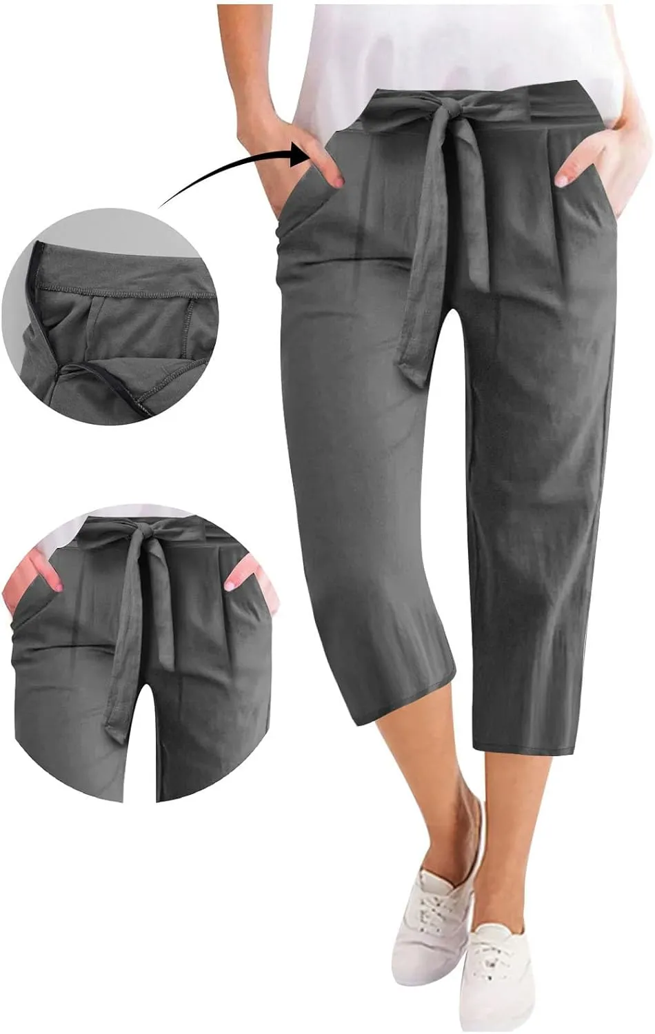 Capri Pants for Women Stretch Cotton Linen Bow Tie Solid Color Sweatpants Casual Fashion 2025 Capris with Pockets