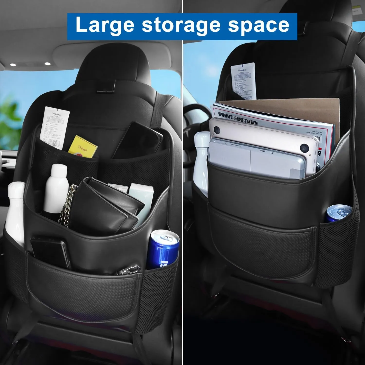 Car Seat Back Oragnizer Large Capacity Handbag Holder With Side String Bag Pockets Hanging Carbon Fiber Texture Automobile Storage Bag Behind Seats