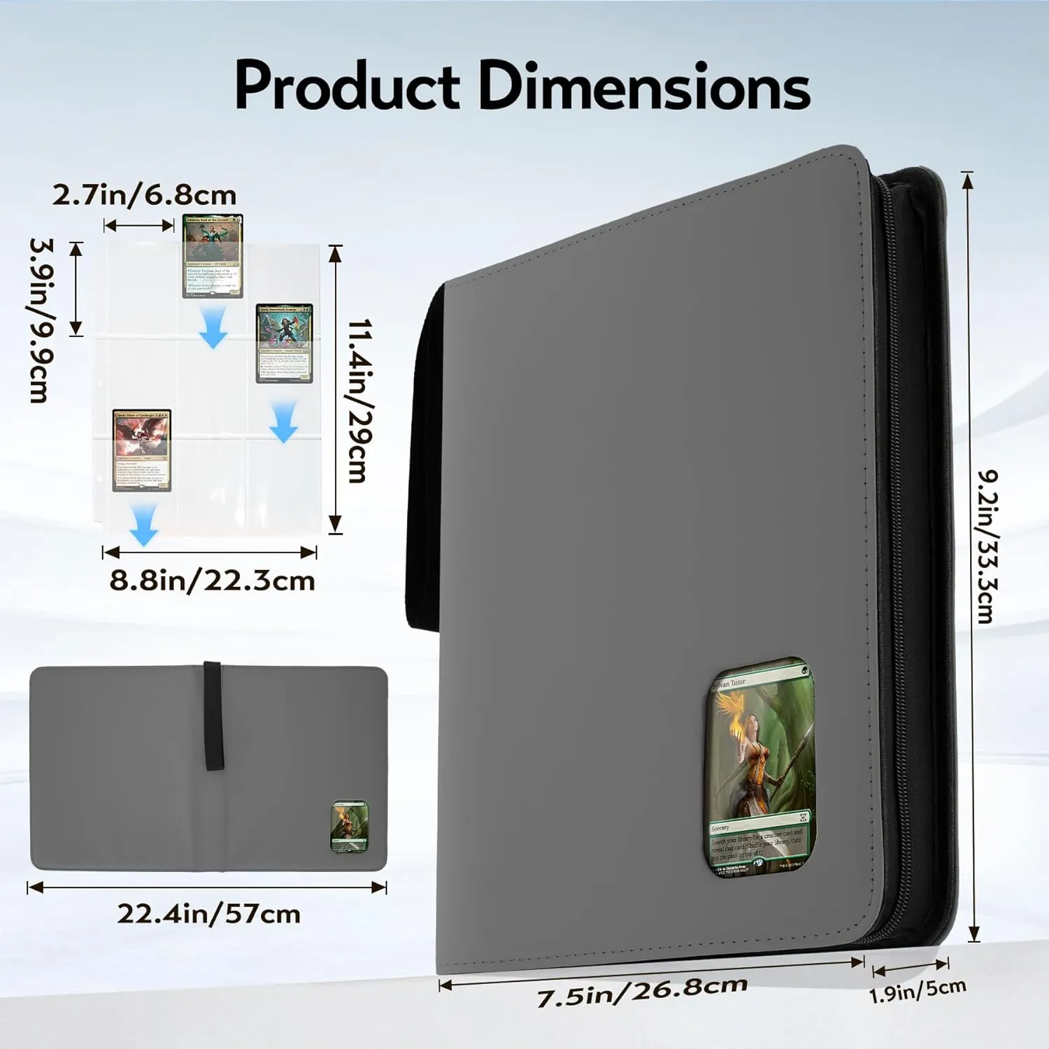 Card Binder 9 Pocket, Trading Card Binder with Clear Window Design, 720 Double Sided Pocket PU Collection Binder, Card Albums for MTG, TCG, and Sports Cards(Grey)