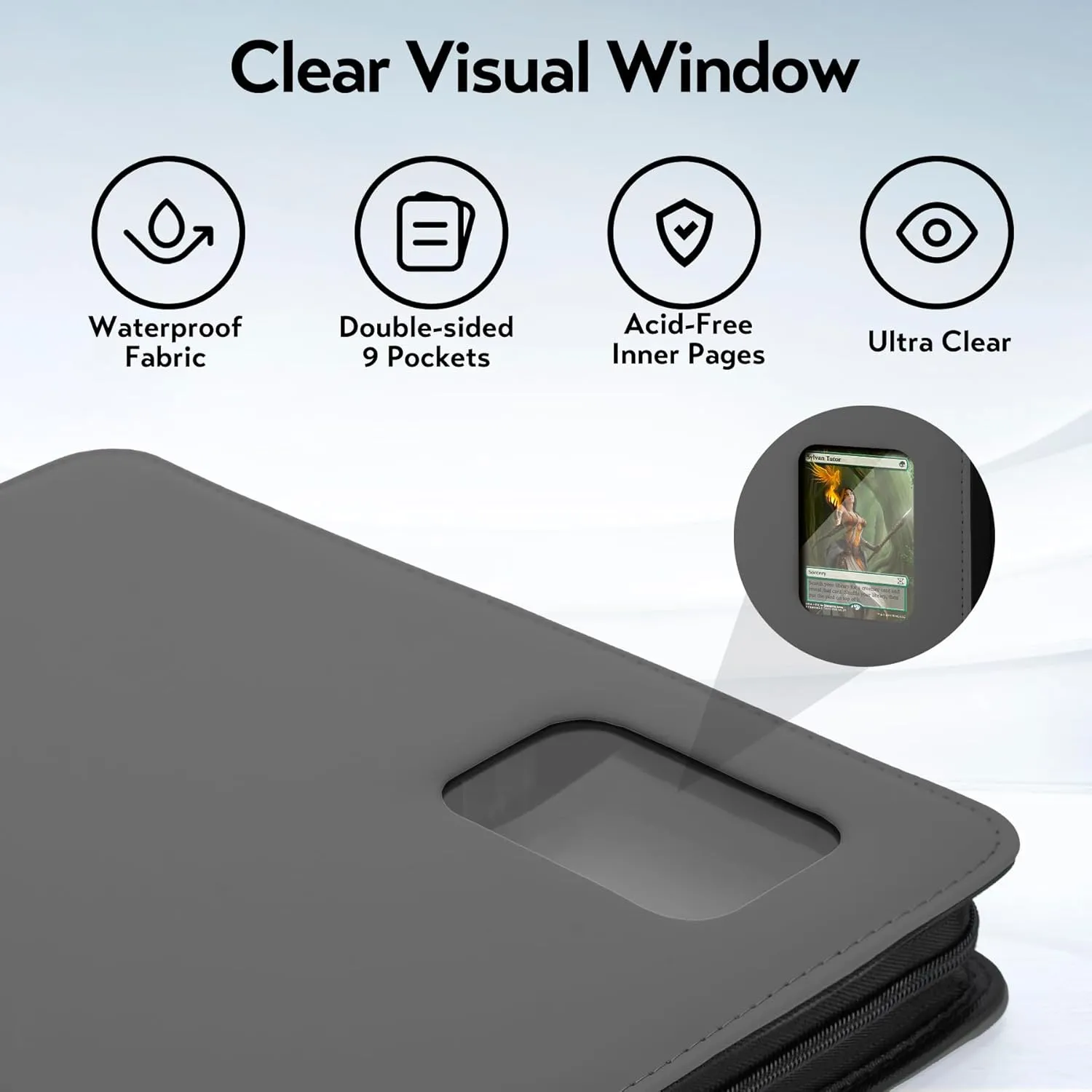 Card Binder 9 Pocket, Trading Card Binder with Clear Window Design, 720 Double Sided Pocket PU Collection Binder, Card Albums for MTG, TCG, and Sports Cards(Grey)
