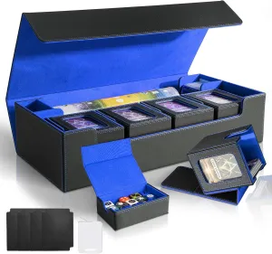Card Deck Box for MTG Commander, Large 6 in 1 Card Storage Display Case with 5PCS TCG Deck Boxes & Dice Tray, Holds 2400  Unsleeved Trading Cards (Black&Blue Set)