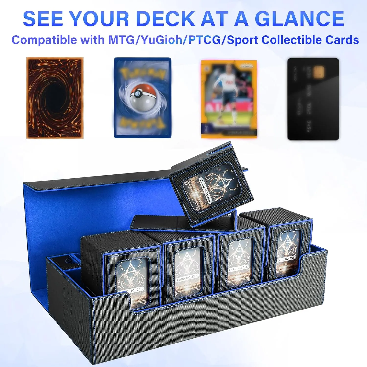 Card Deck Box for MTG Commander, Large 6 in 1 Card Storage Display Case with 5PCS TCG Deck Boxes & Dice Tray, Holds 2400  Unsleeved Trading Cards (Black&Blue Set)