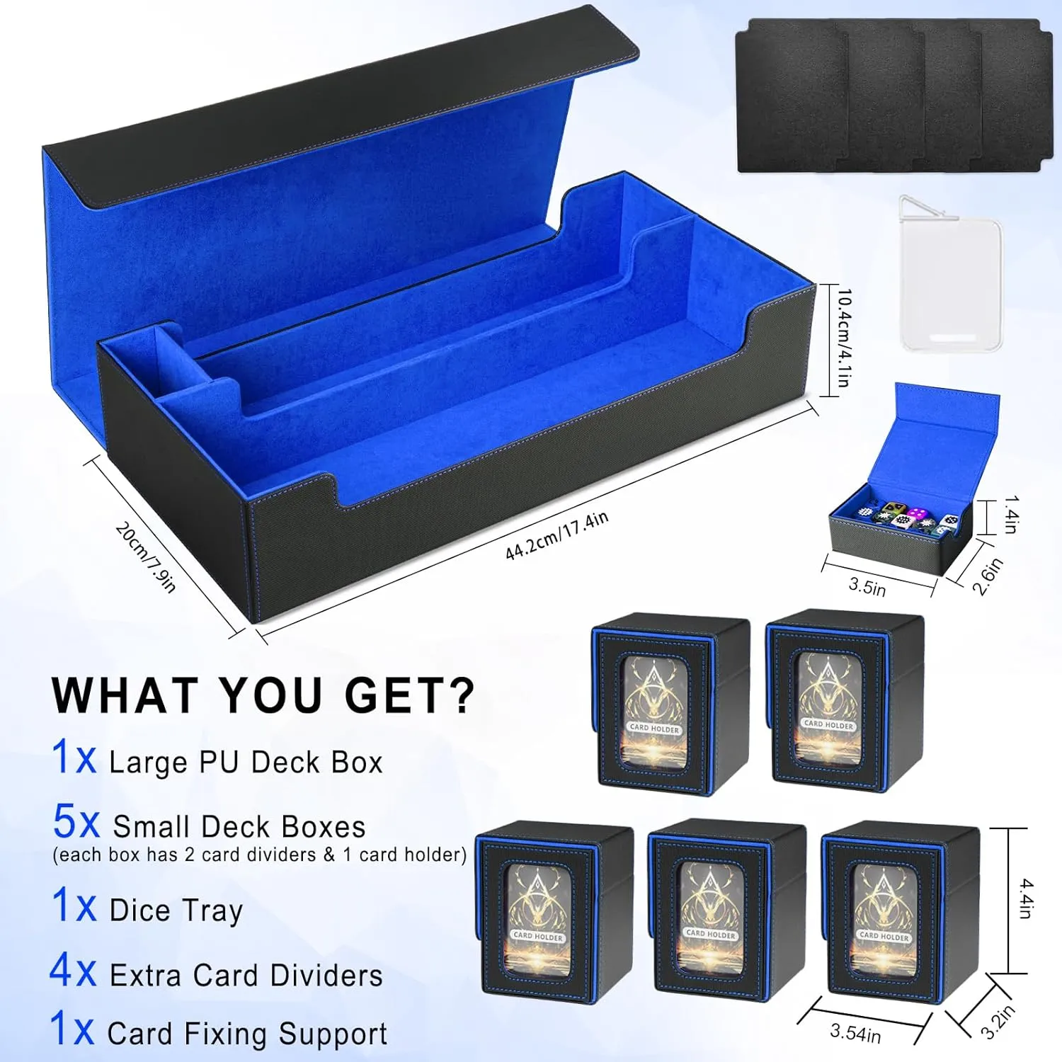 Card Deck Box for MTG Commander, Large 6 in 1 Card Storage Display Case with 5PCS TCG Deck Boxes & Dice Tray, Holds 2400  Unsleeved Trading Cards (Black&Blue Set)