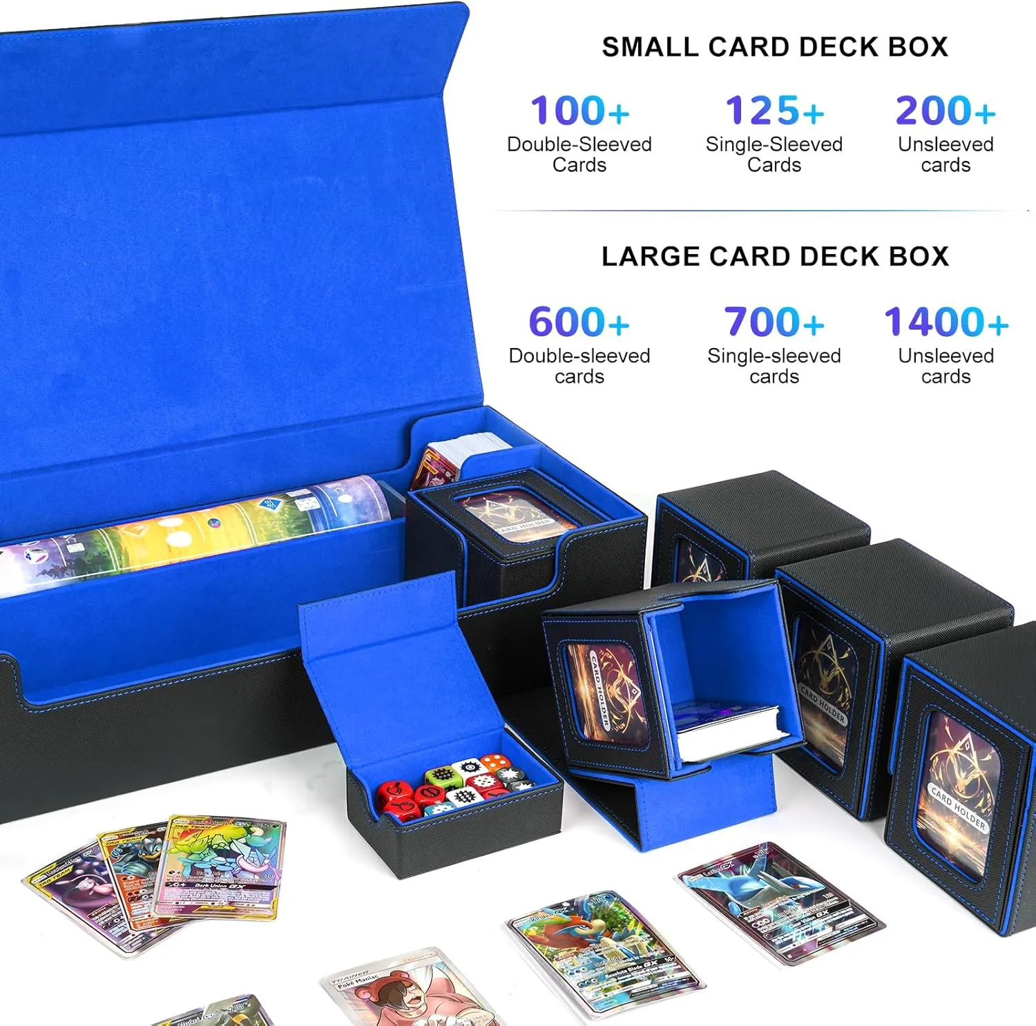 Card Deck Box for MTG Commander, Large 6 in 1 Card Storage Display Case with 5PCS TCG Deck Boxes & Dice Tray, Holds 2400  Unsleeved Trading Cards (Black&Blue Set)