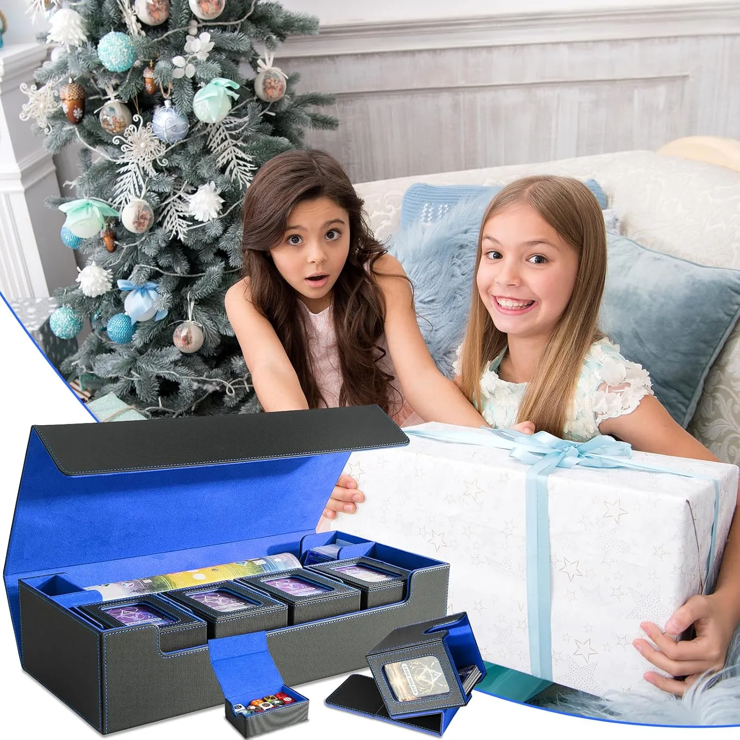 Card Deck Box for MTG Commander, Large 6 in 1 Card Storage Display Case with 5PCS TCG Deck Boxes & Dice Tray, Holds 2400  Unsleeved Trading Cards (Black&Blue Set)