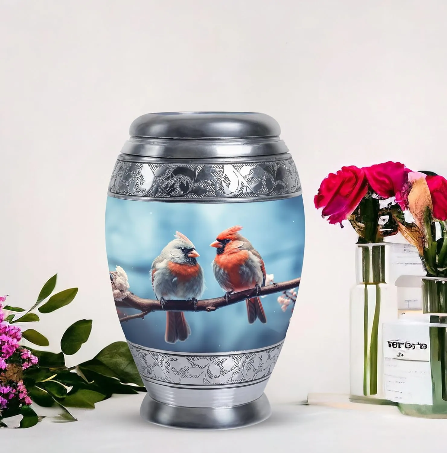 Cardinal Spring Meeting - Large Urns for Human - Combo of 1 Large Urn with Velvet Bag and 2 Small - Burial Urn for Ashes - Memorial Urn Small - Cremation Ash Urns Mini - Mom Urn - Funeral Urn