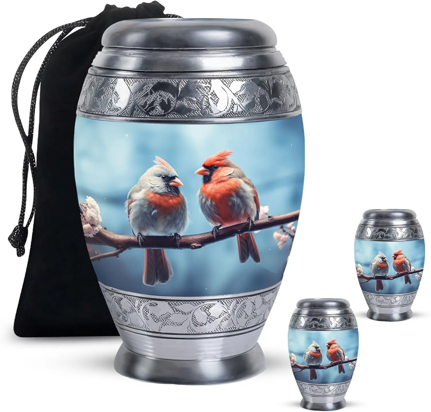 Cardinal Spring Meeting - Large Urns for Human - Combo of 1 Large Urn with Velvet Bag and 2 Small - Burial Urn for Ashes - Memorial Urn Small - Cremation Ash Urns Mini - Mom Urn - Funeral Urn