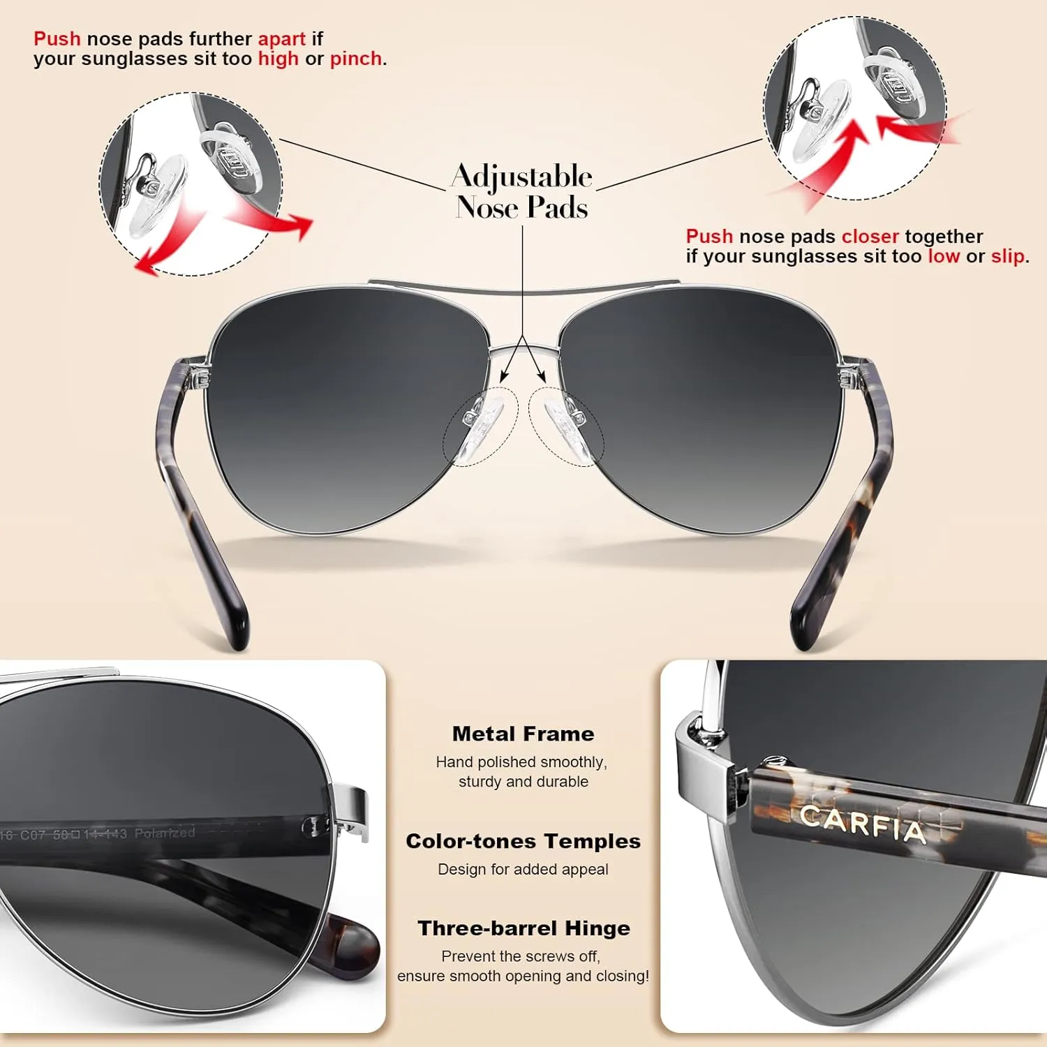 CARFIA Polarized Sunglasses for Women UV Protection Acetate Arms Metal Frame Woman's Shades CA3216