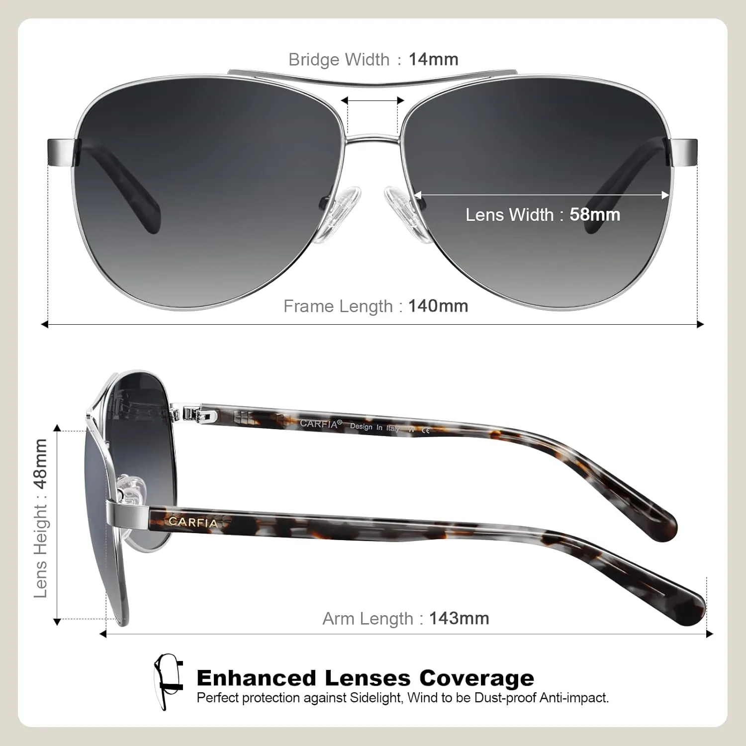 CARFIA Polarized Sunglasses for Women UV Protection Acetate Arms Metal Frame Woman's Shades CA3216