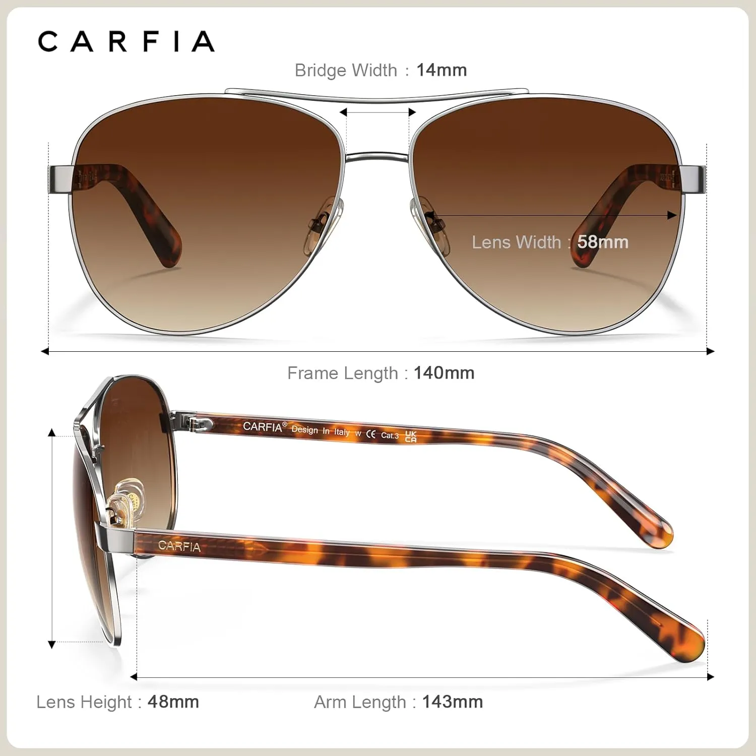 CARFIA Polarized Sunglasses for Women UV Protection Acetate Arms Metal Frame Woman's Shades CA3216