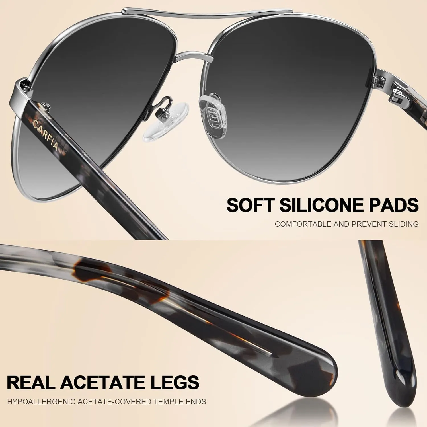 CARFIA Polarized Sunglasses for Women UV Protection Acetate Arms Metal Frame Woman's Shades CA3216