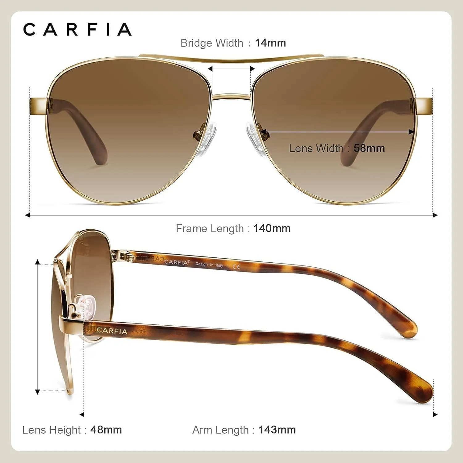 CARFIA Polarized Sunglasses for Women UV Protection Acetate Arms Metal Frame Woman's Shades CA3216
