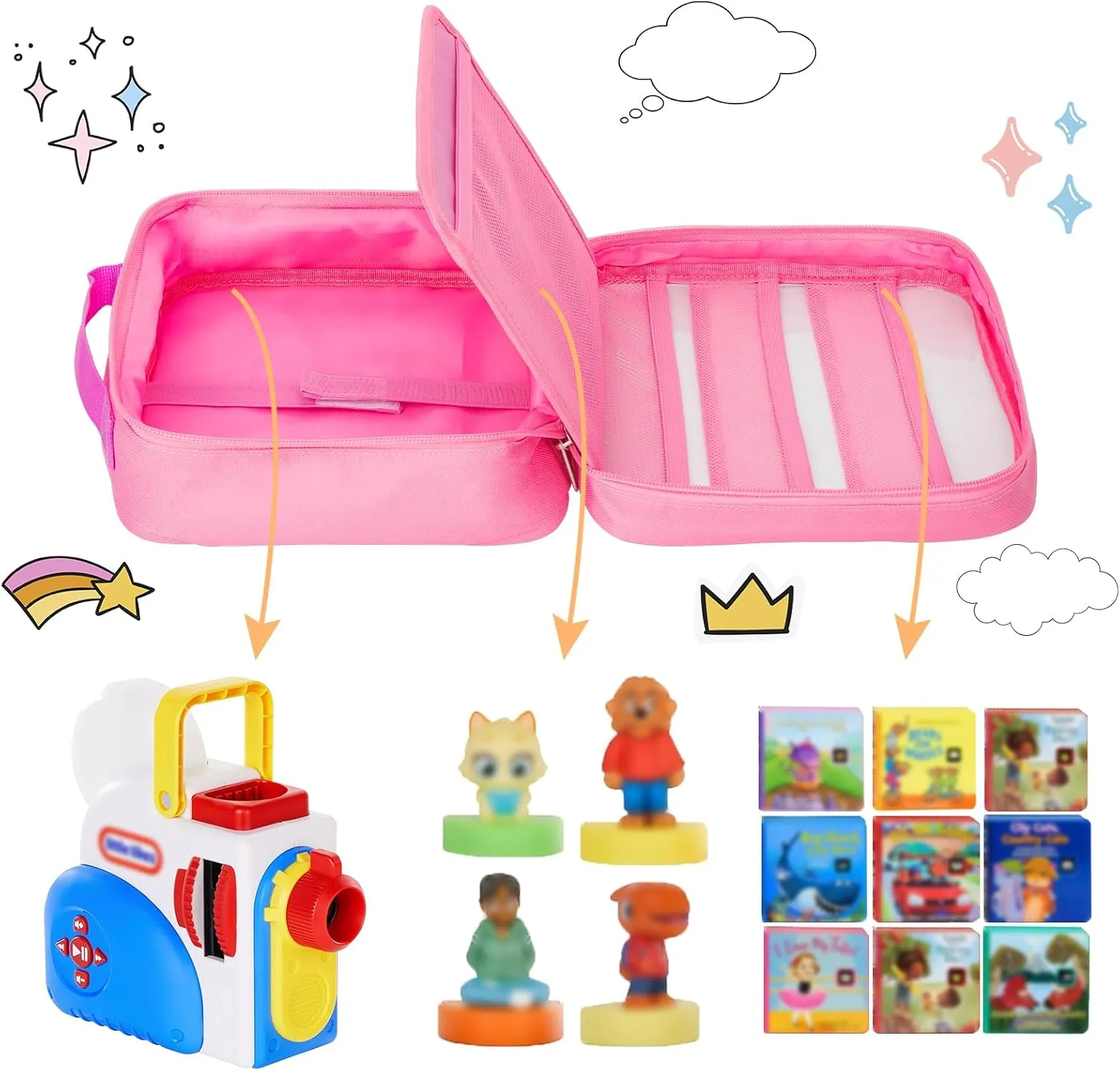 Carrying Case Compatible with Little Tikes Story Dream Machine Books Starter Set,Portable Storage Bag with Handle for Storytime,Little Golden Book,Little Puppy Character (Pink)