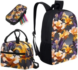 Cartoon Iris Floral Print 3 Pcs Shoulder Lunch Bag and Pen Case Bag Set Cute Yellow Flower Painting Travel Backpack 17 Inch Student Backpack Bookbags Set
