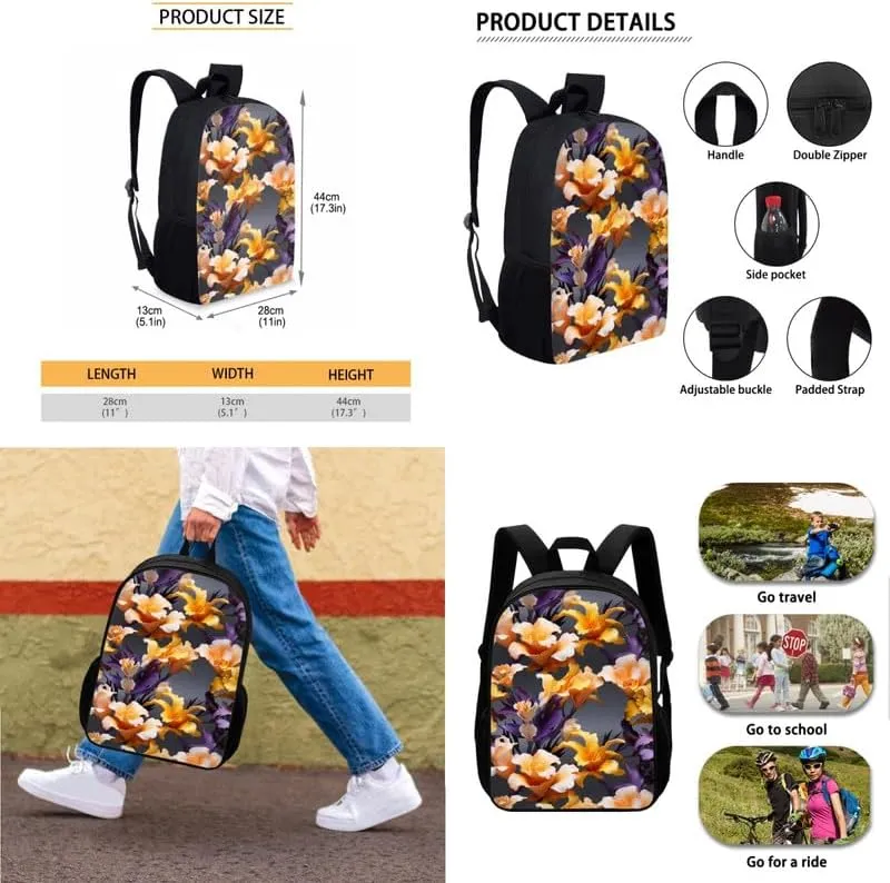 Cartoon Iris Floral Print 3 Pcs Shoulder Lunch Bag and Pen Case Bag Set Cute Yellow Flower Painting Travel Backpack 17 Inch Student Backpack Bookbags Set