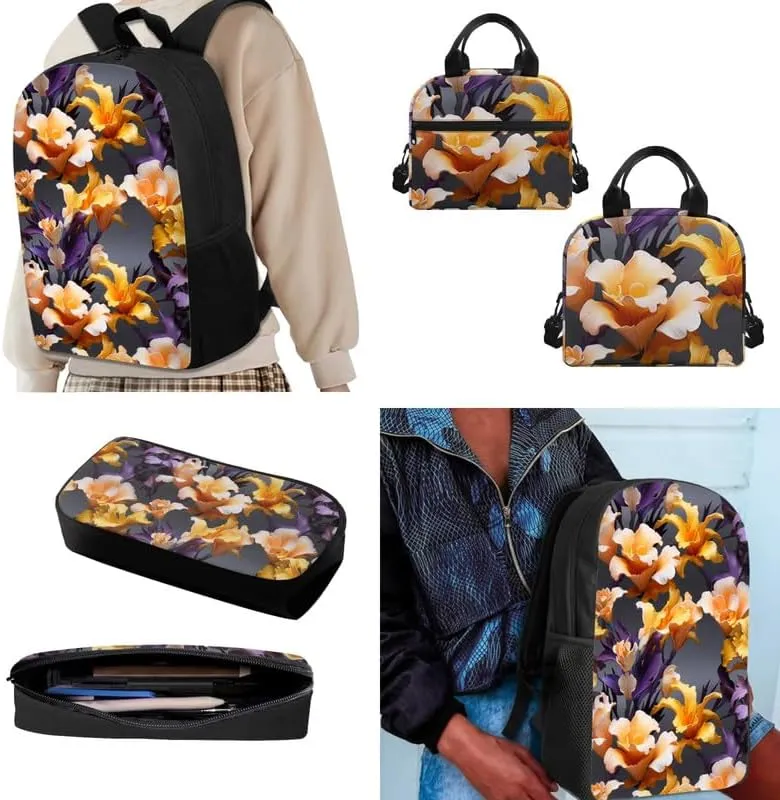 Cartoon Iris Floral Print 3 Pcs Shoulder Lunch Bag and Pen Case Bag Set Cute Yellow Flower Painting Travel Backpack 17 Inch Student Backpack Bookbags Set