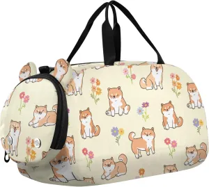 Cartoon Shiba Inu Dog Flowers Duffel Bags for Boys Small Gym Bags for Teens Dance Bag for Girls