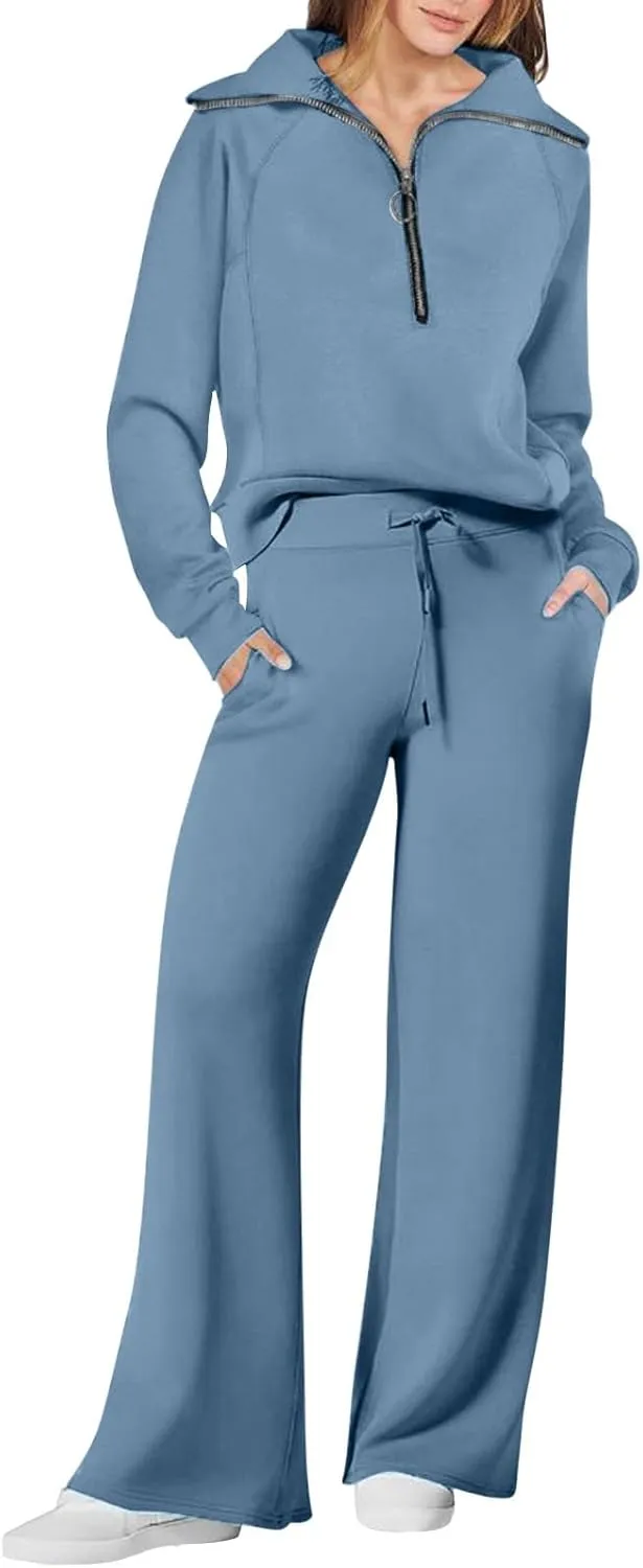Casual 2 Piece Sportwears for Women Trendy Half Zip Sweatshirt Wide Leg Sweatpant Sets Casual Solid Color Tracksuits