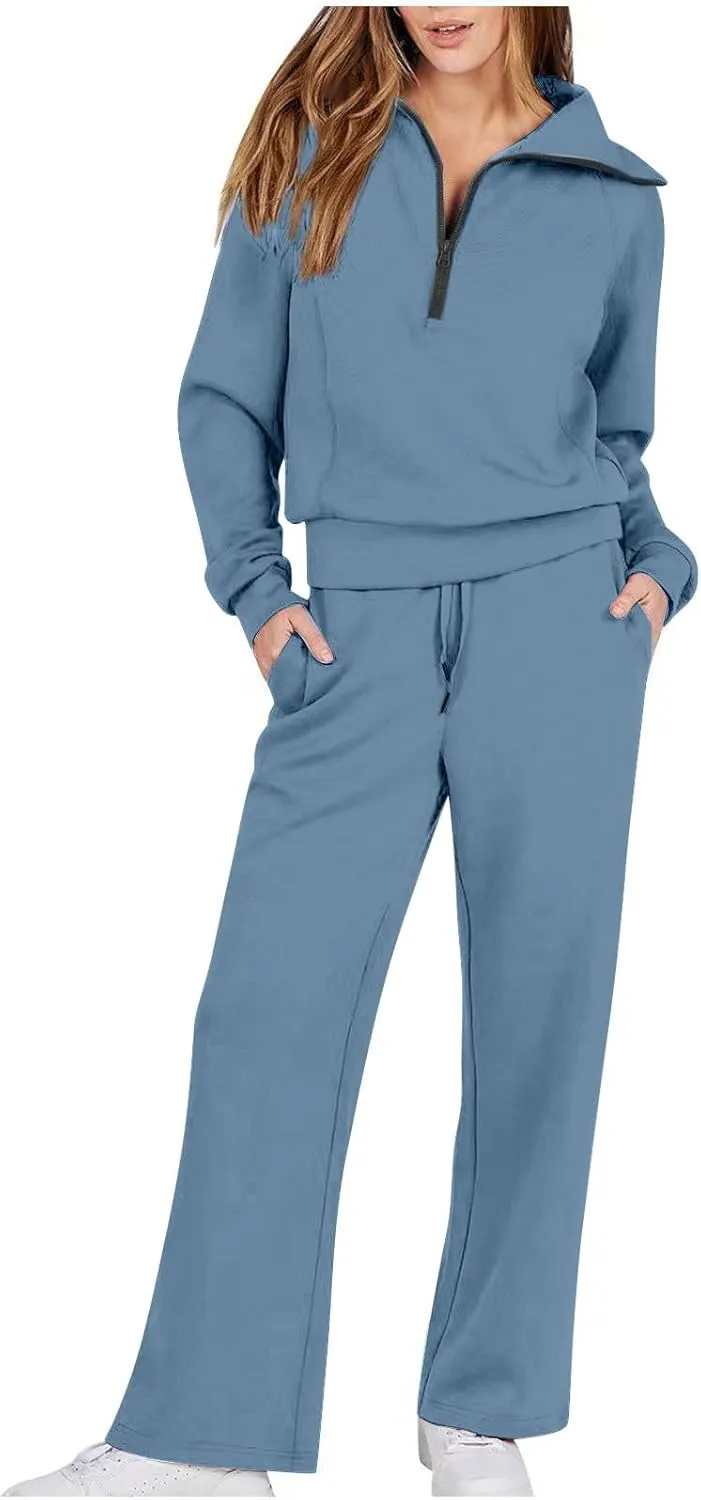 Casual 2 Piece Sportwears for Women Trendy Half Zip Sweatshirt Wide Leg Sweatpant Sets Casual Solid Color Tracksuits