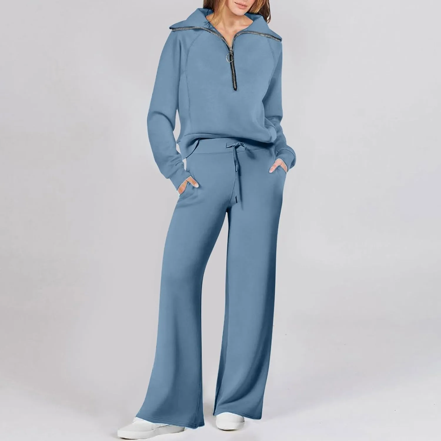 Casual 2 Piece Sportwears for Women Trendy Half Zip Sweatshirt Wide Leg Sweatpant Sets Casual Solid Color Tracksuits