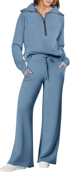 Casual 2 Piece Sportwears for Women Trendy Half Zip Sweatshirt Wide Leg Sweatpant Sets Casual Solid Color Tracksuits