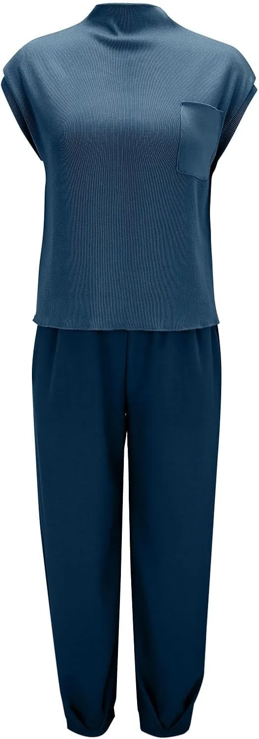 Casual Sleeveless Sweater Sets for Women 2 Piece Solid Outfits Ribbed Knit Cap Sleeve Vest Top and Jogger Pants Matching Sets