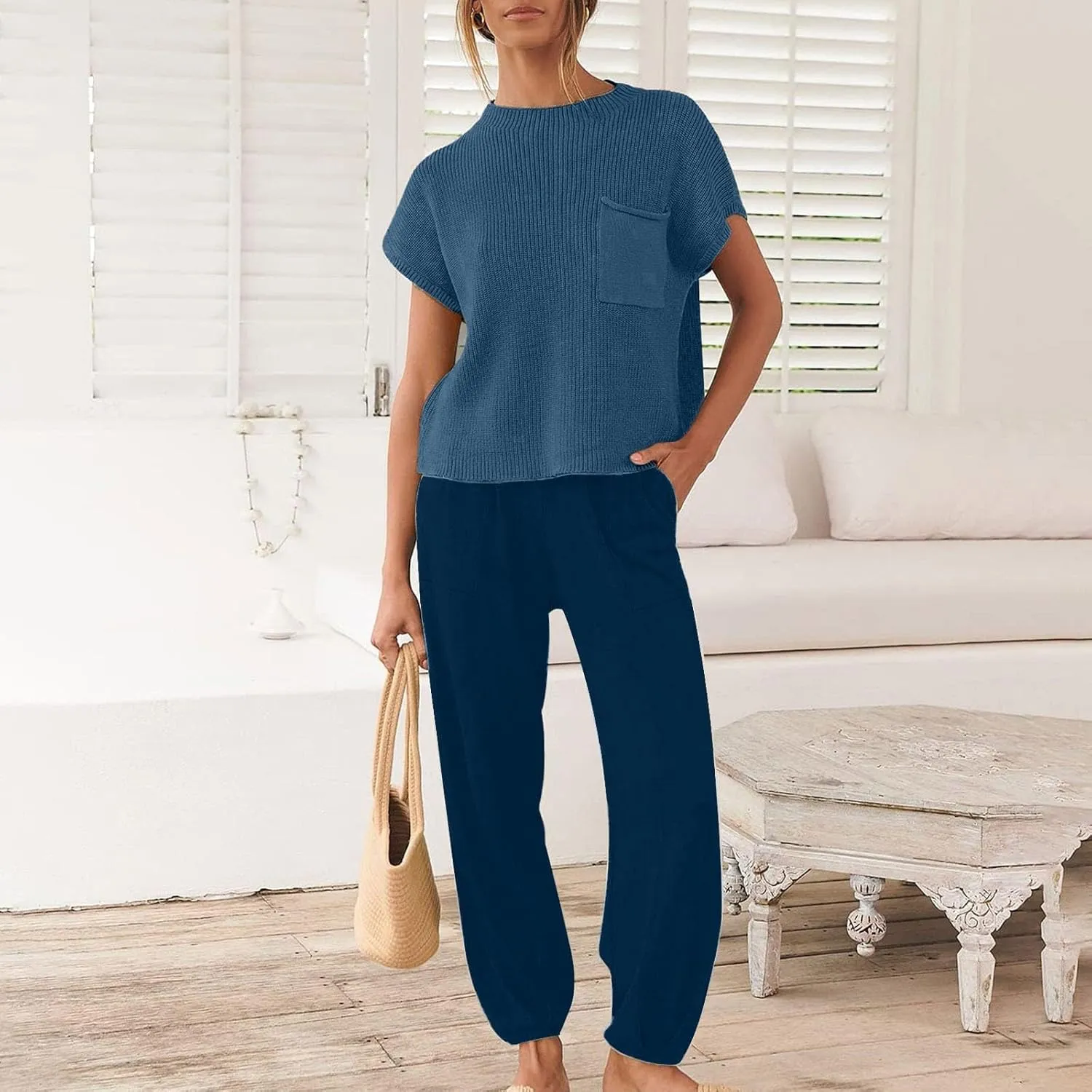Casual Sleeveless Sweater Sets for Women 2 Piece Solid Outfits Ribbed Knit Cap Sleeve Vest Top and Jogger Pants Matching Sets