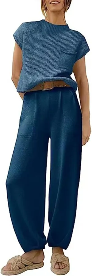Casual Sleeveless Sweater Sets for Women 2 Piece Solid Outfits Ribbed Knit Cap Sleeve Vest Top and Jogger Pants Matching Sets
