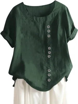 Casual Solid Color Tunic Tops for Women Cotton Linen Trendy Rolled Tee Shirts Button Down Tropical Cute Blouse Spring