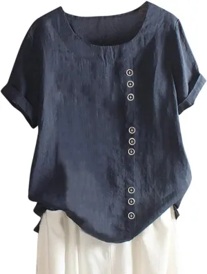 Casual Solid Color Tunic Tops for Women Cotton Linen Trendy Rolled Tee Shirts Button Down Tropical Cute Blouse Spring