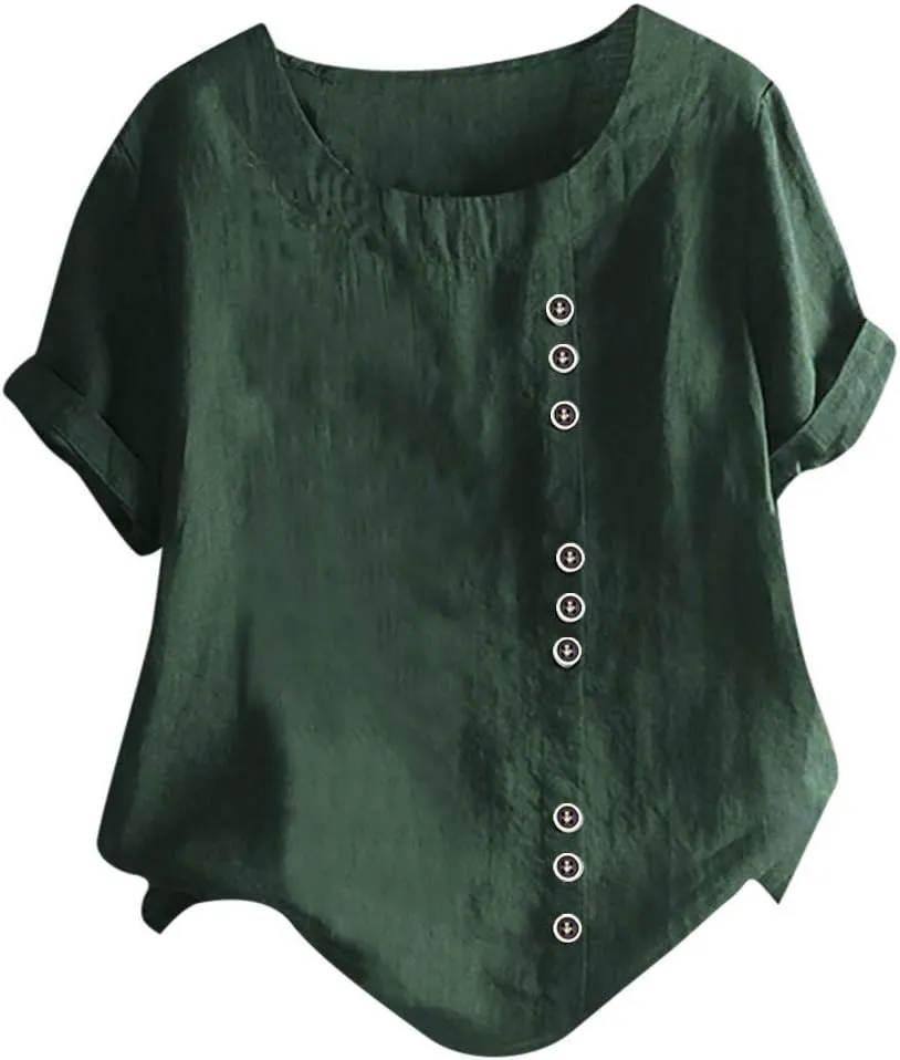 Casual Solid Color Tunic Tops for Women Cotton Linen Trendy Rolled Tee Shirts Button Down Tropical Cute Blouse Spring