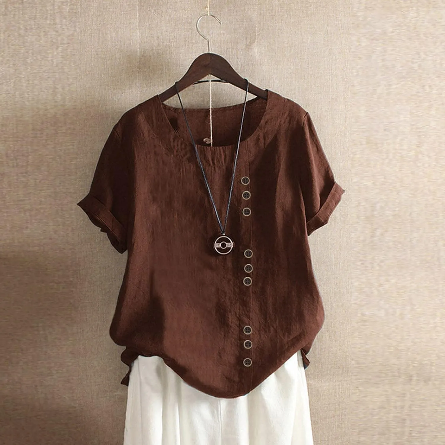 Casual Solid Color Tunic Tops for Women Cotton Linen Trendy Rolled Tee Shirts Button Down Tropical Cute Blouse Spring