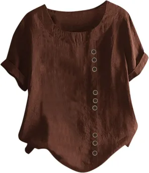 Casual Solid Color Tunic Tops for Women Cotton Linen Trendy Rolled Tee Shirts Button Down Tropical Cute Blouse Spring