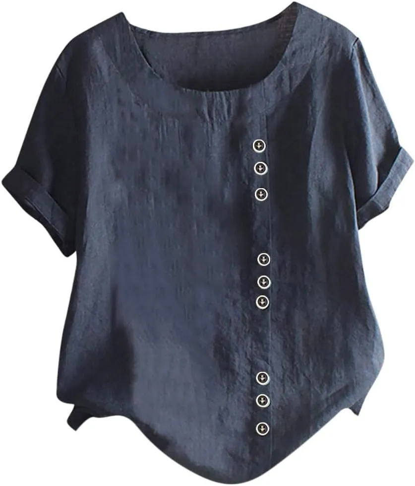 Casual Solid Color Tunic Tops for Women Cotton Linen Trendy Rolled Tee Shirts Button Down Tropical Cute Blouse Spring
